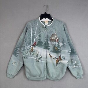 Artisans Shirt Womens XL Green Crew Neck Button Up Fleece Bird Christmas Scene